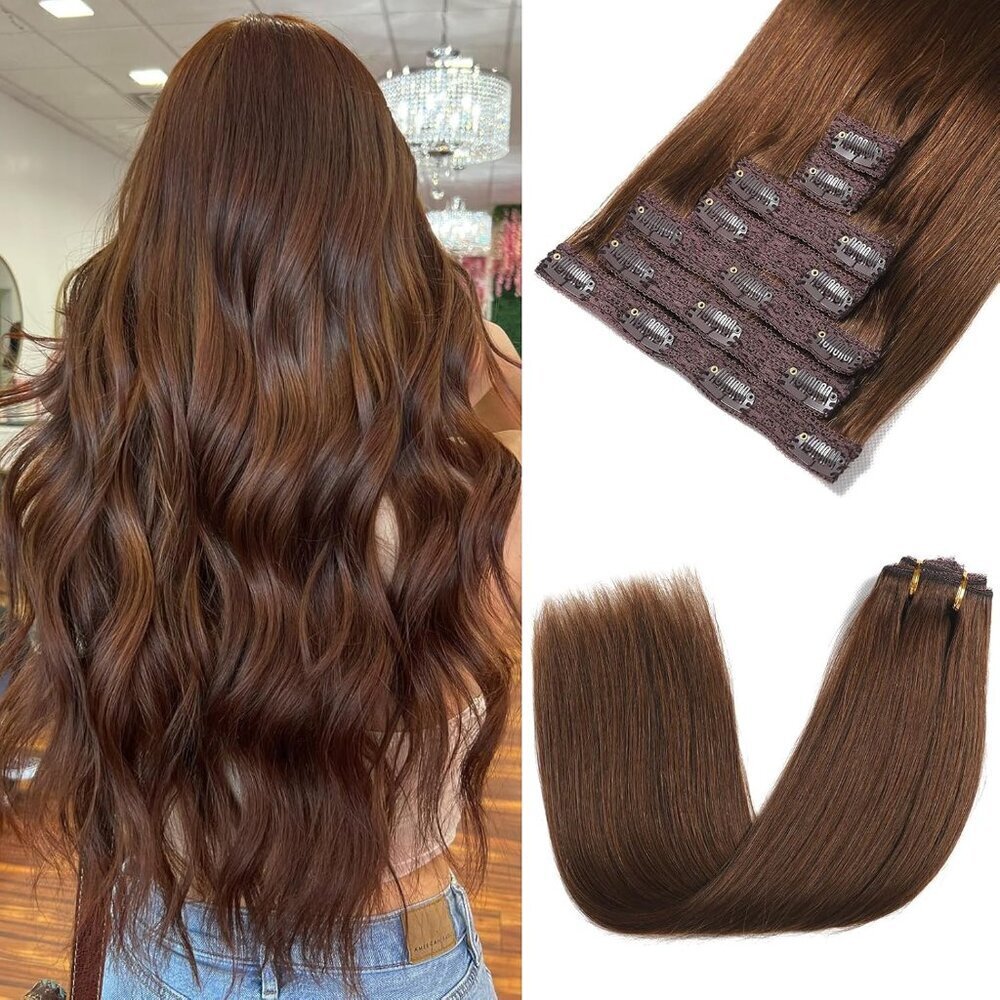Clip in Hair Extensions Human Hair 20 Inch Brown Straight Voluminous for Women
